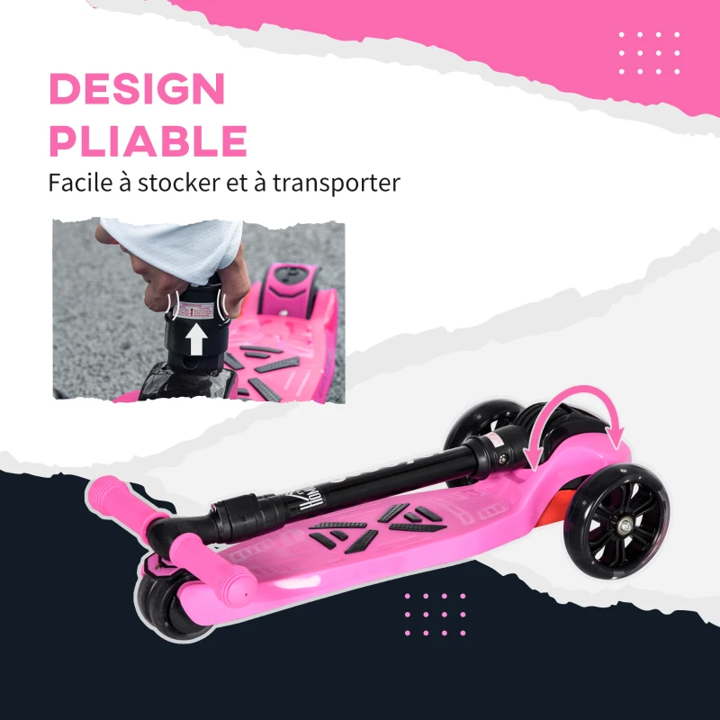HOMCOM Trottinette enfant pliable - 3 roues lumineuses LED - hauteur guidon réglable - frein à friction arrière - métal PP pour enfants de 3 à 8 ans rose