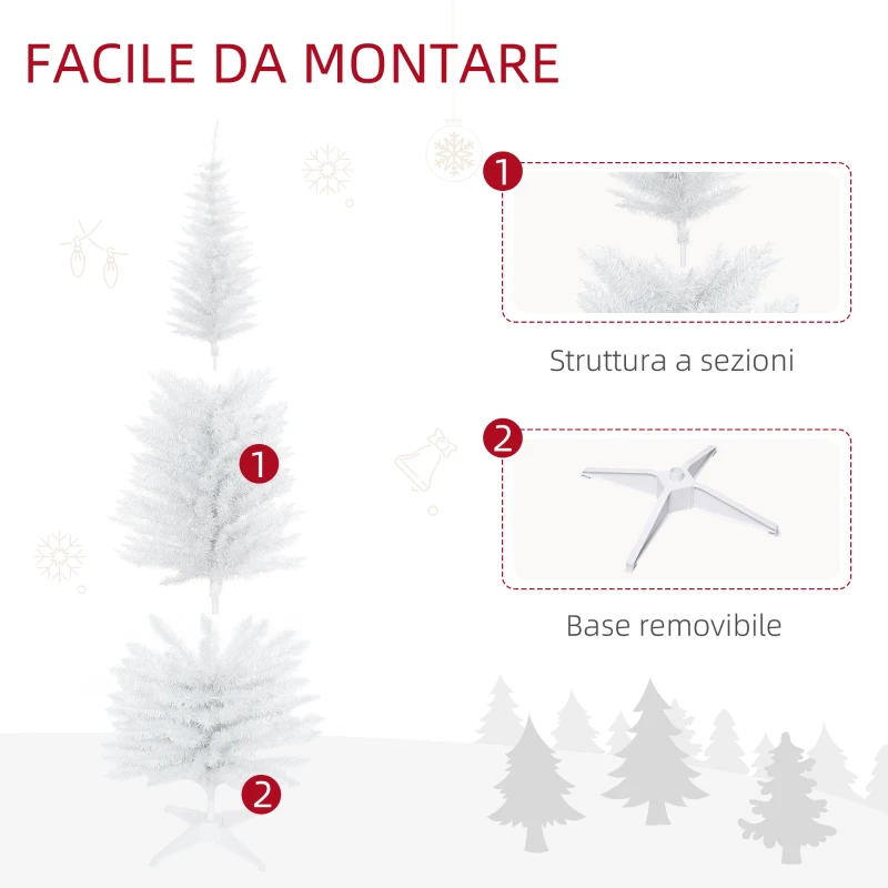 HOMCOM Albero di Natale Slim Artificiale 180 cm con Rami Realistici, Albero di Natale Alto e Stretto con Base Pieghevole, Bianco