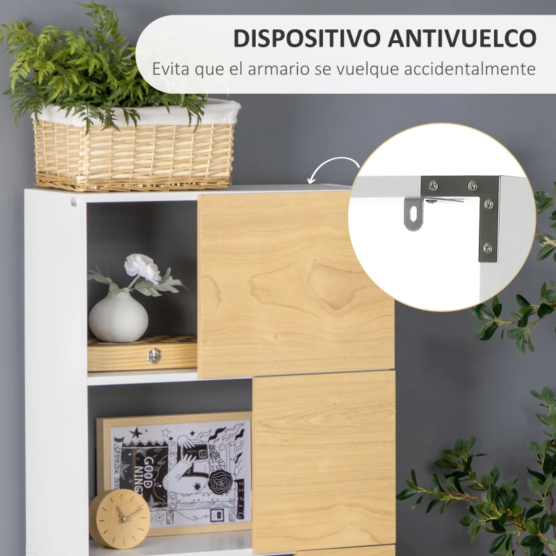 HOMCOM Estantería con 5 Estantes con Puertas Asimétricas Librería para Salón Dormitorio 63x22x166 cm Blanco y Natural