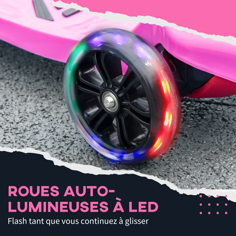 HOMCOM Trottinette enfant pliable - 3 roues lumineuses LED - hauteur guidon réglable - frein à friction arrière - métal PP pour enfants de 3 à 8 ans rose