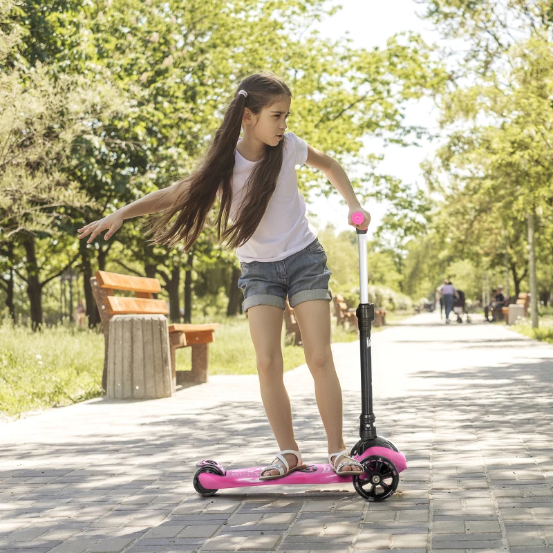 HOMCOM Trottinette enfant pliable - 3 roues lumineuses LED - hauteur guidon réglable - frein à friction arrière - métal PP pour enfants de 3 à 8 ans rose