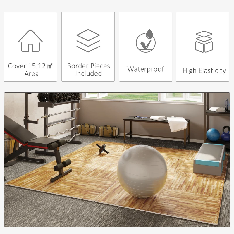 HOMCOM Covor Puzzle in EVA Efect Lemn Natural 42 Piese 61.5x61.5cm