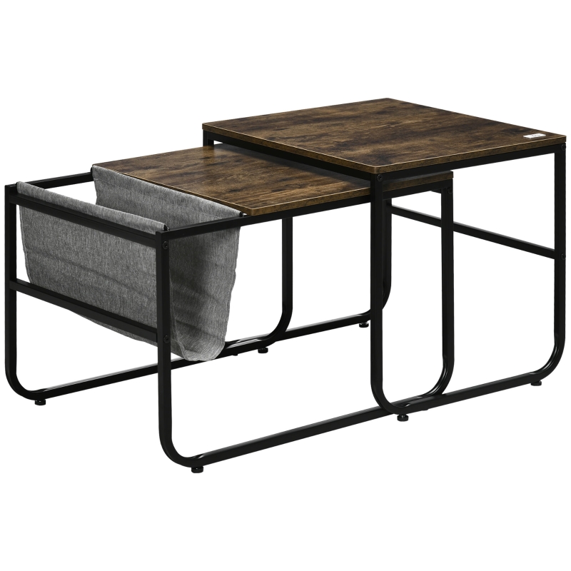 HOMCOM Conjunto de 2 Mesas Auxiliares Anidadas con Bolsa de Almacenaje 45,5x50x46 cm y 63x45x42,5 cm Marrón Rústico