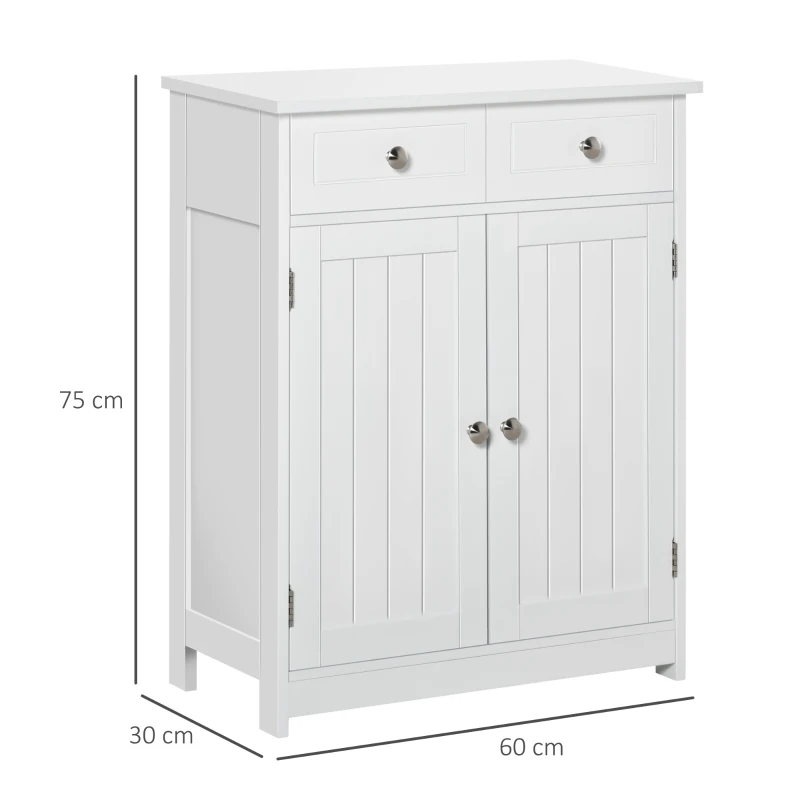 kleankin Armário Auxiliar Casa de Banho com 2 Gavetas 2 Portas e Prateleira Ajustável Estilo Moderno 60x30x75cm Branco