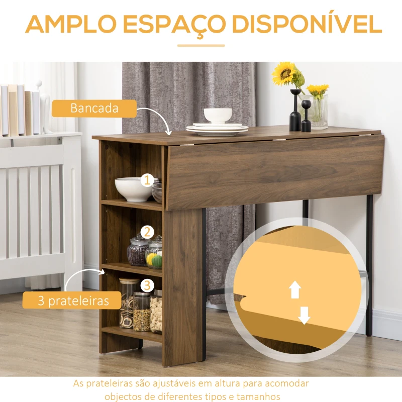HOMCOM Mesa de Bar Extensível Mesa de Bistrô com 3 Prateleiras de Armazenamento e Estrutura de Metal 120x76x91,4cm Marrom