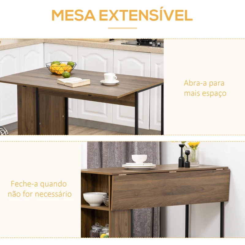HOMCOM Mesa de Bar Extensível Mesa de Bistrô com 3 Prateleiras de Armazenamento e Estrutura de Metal 120x76x91,4cm Marrom