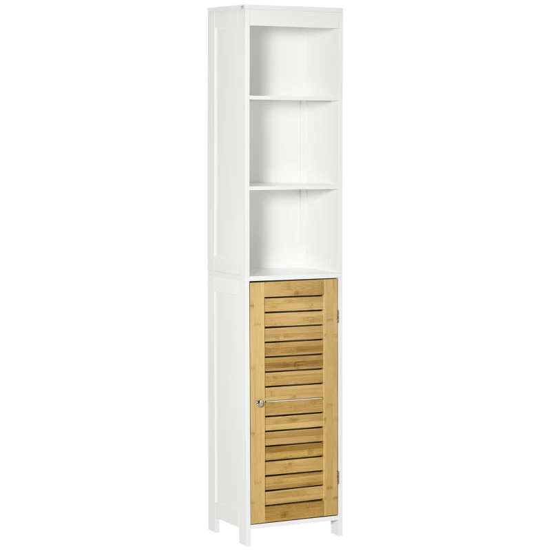 kleankin Coluna Casa de Banho Móvel Auxiliar Casa de Banho com Porta de Bambu e 3 Prateleiras 35x27x171cm Branco e Madeira