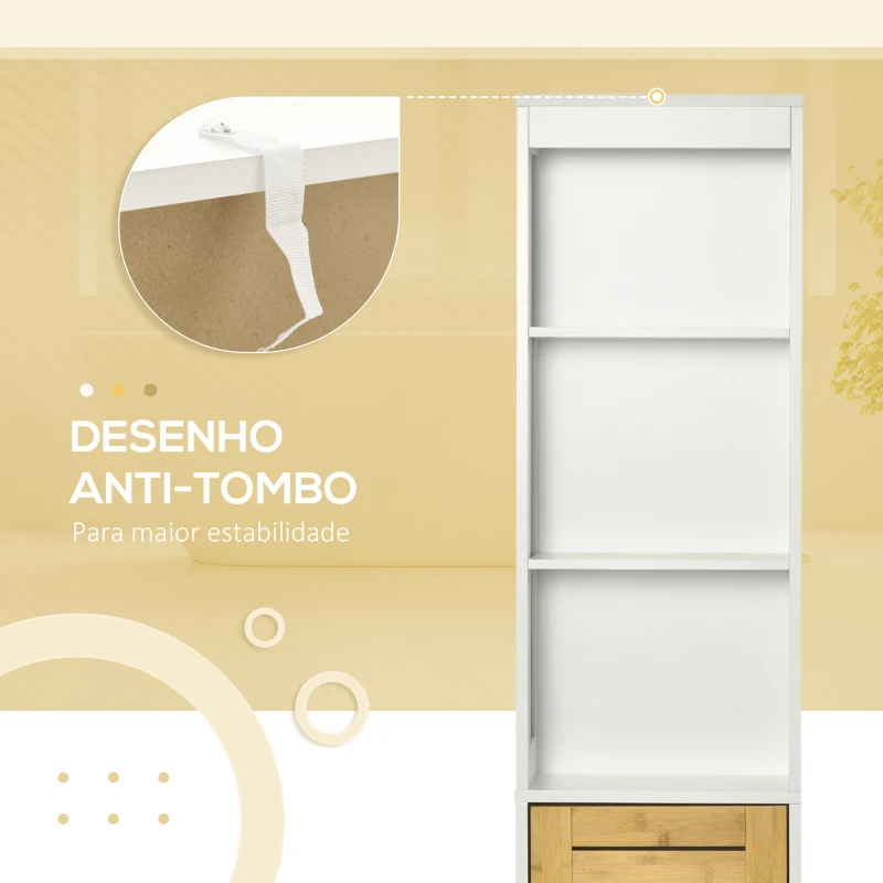 kleankin Coluna Casa de Banho Móvel Auxiliar Casa de Banho com Porta de Bambu e 3 Prateleiras 35x27x171cm Branco e Madeira