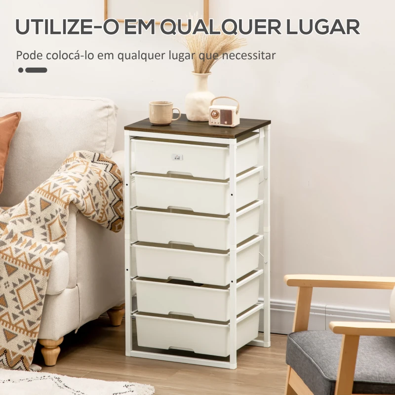 HOMCOM Cómoda com 6 Gavetas de Plástico Combinação de Arrumação com Estrutura de Aço 41,5x33x82cm Branco