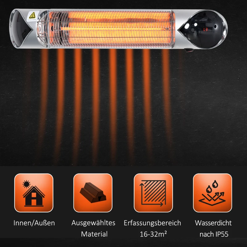 Outsunny Terrasverwarmer, 4 Warmtestanden, met Afstandsbediening, Water- & Stofbestendig, Staal + Aluminium, 88 x 13 x 9 cm