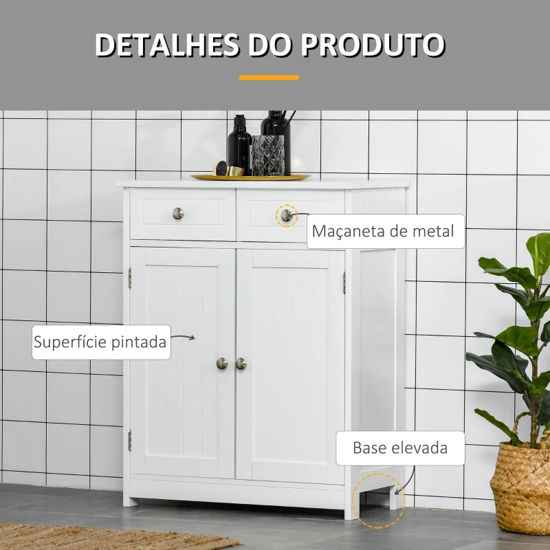 kleankin Armário Auxiliar Casa de Banho com 2 Gavetas 2 Portas e Prateleira Ajustável Estilo Moderno 60x30x75cm Branco