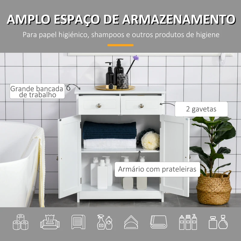 kleankin Armário Auxiliar Casa de Banho com 2 Gavetas 2 Portas e Prateleira Ajustável Estilo Moderno 60x30x75cm Branco