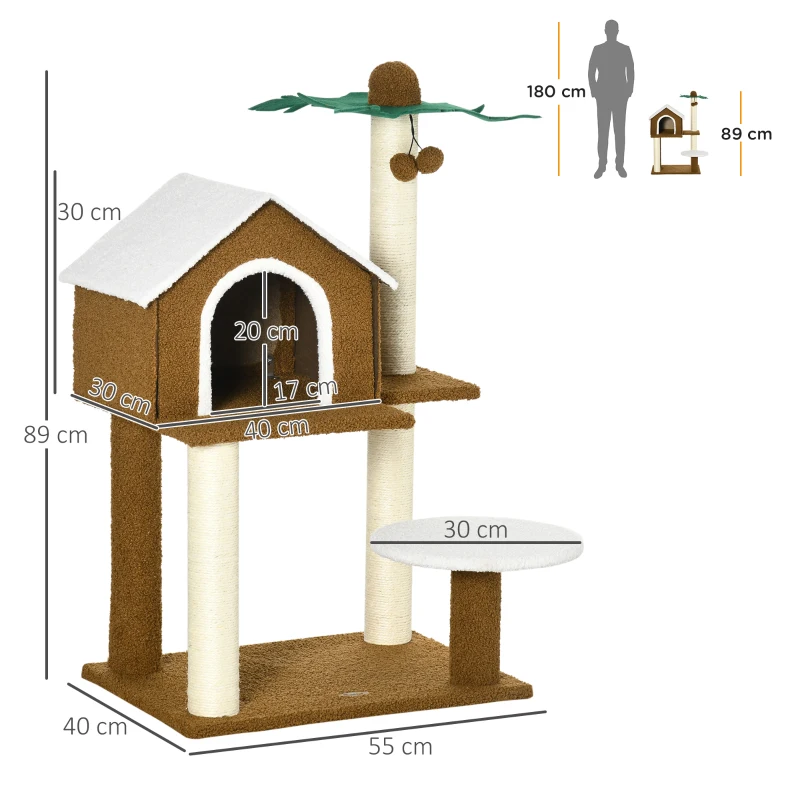 PawHut Árvore Arranhador para Gatos com Casa de Pelúcia Plataforma Poste em Forma de Coqueiro de Sisal 55x40x89cm Marrom