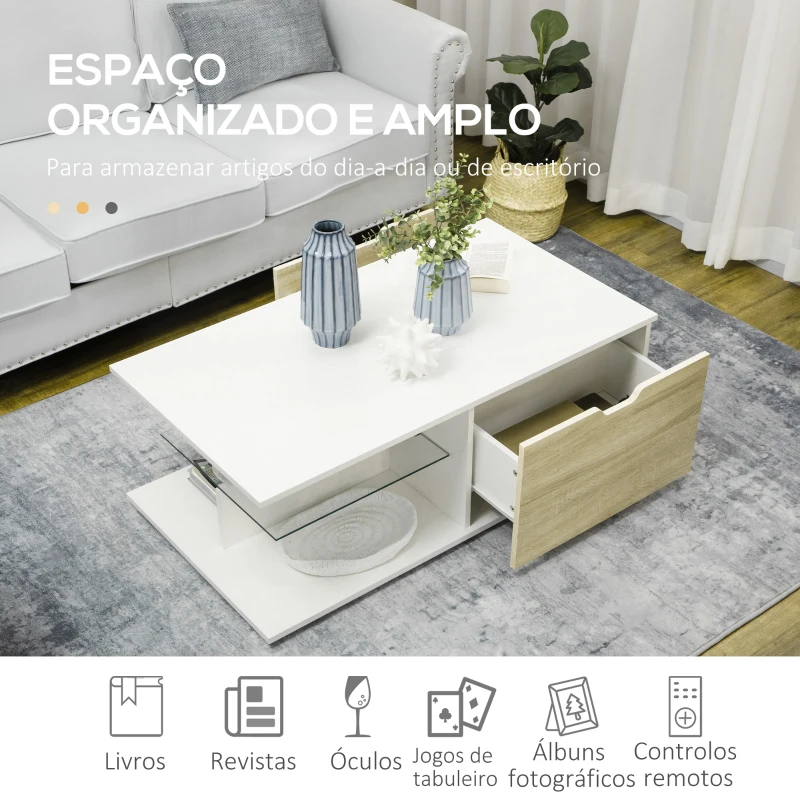 HOMCOM Mesa de Centro Moderna para Sala de Estar com Prateleira de Vidro Temperado e 2 Gavetas 106x58x39cm Branco e Madeira