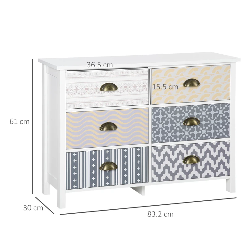 HOMCOM Chest of Drawers, 6 Drawer Dresser w/ Antique Metal Handles and Multi-Coloured Patterns, Storage Drawer Unit for Bedroom