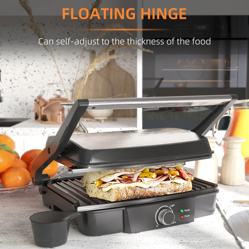 HOMCOM Health Grill & Panini Press, 4 Slice Toastie Machine, 2000W Electric Non-stick Grill with 180° Flat Open, Drip Tray and Adjustable Temperature, Sandwich Toaster Maker