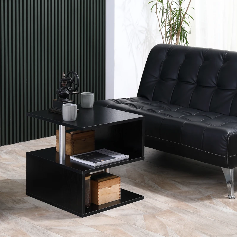 HOMCOM S-Shaped Coffee Table, Cube End Table with 2 Tier Storage Shelves for Living Room, Bedroom, Black