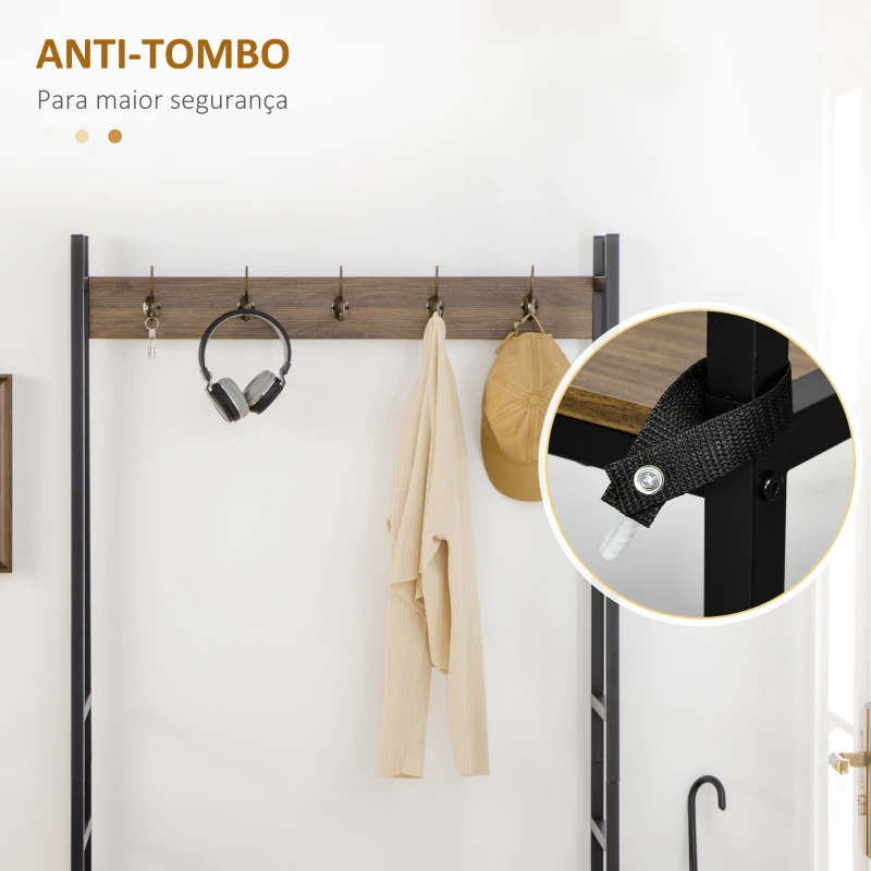 HOMCOM Móvel Cabide de Entrada com Sapateiro Banco 5 Ganchos Armário e Prateleira Aberta 84x40x169cm Marrom Rústico