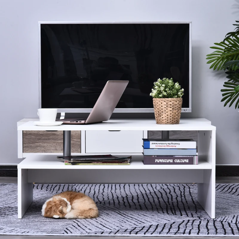 HOMCOM 2-Tier Coffee Table, Modern Living Room Table with Open Shelf, Centre Table with Metal Poles and Elevated Base, White