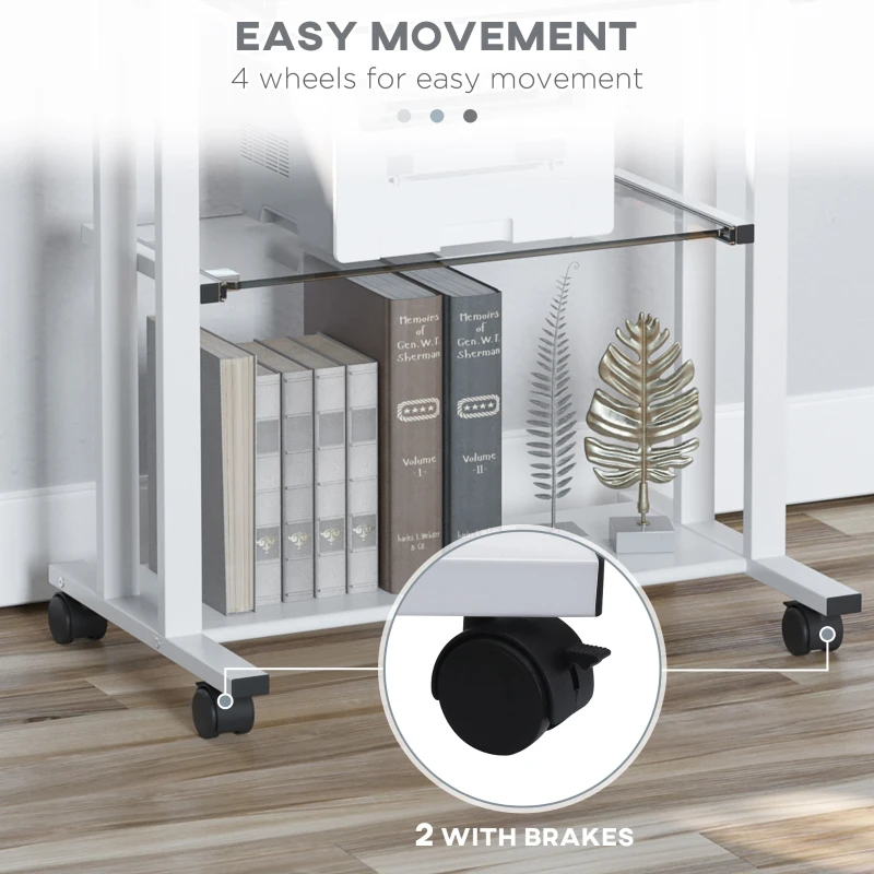 HOMCOM Workstation W/ Wheels-White, Transparent Glass