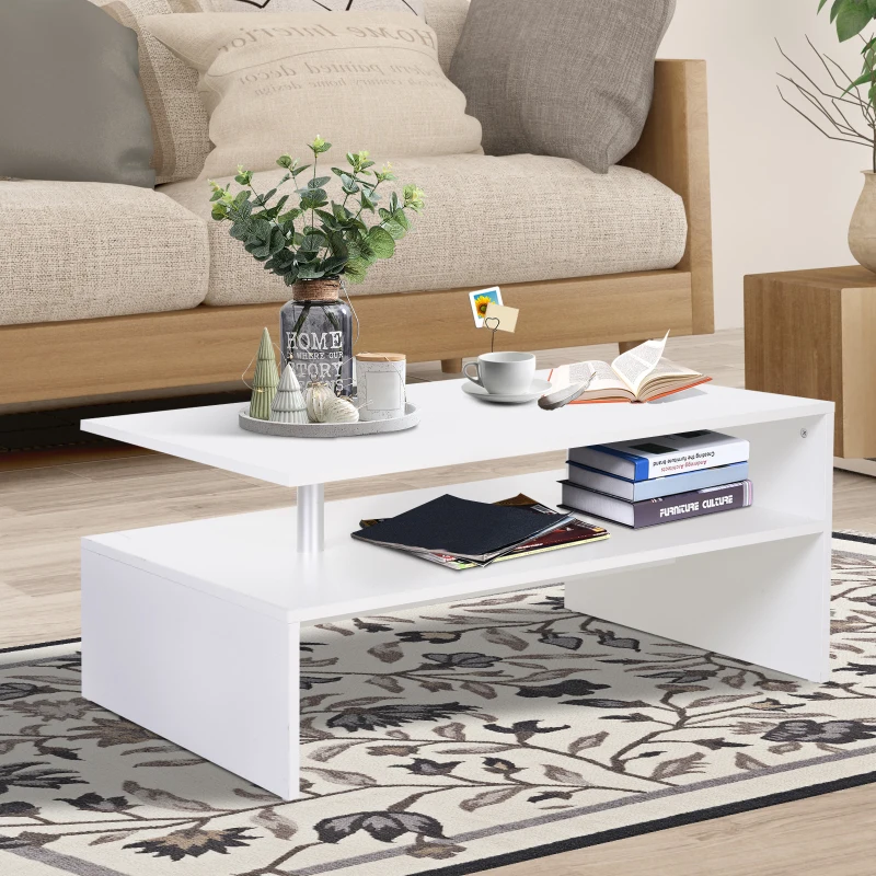 HOMCOM 2-Tier Coffee Table, Modern Living Room Table with Open Shelf, Centre Table with Metal Poles and Elevated Base, White