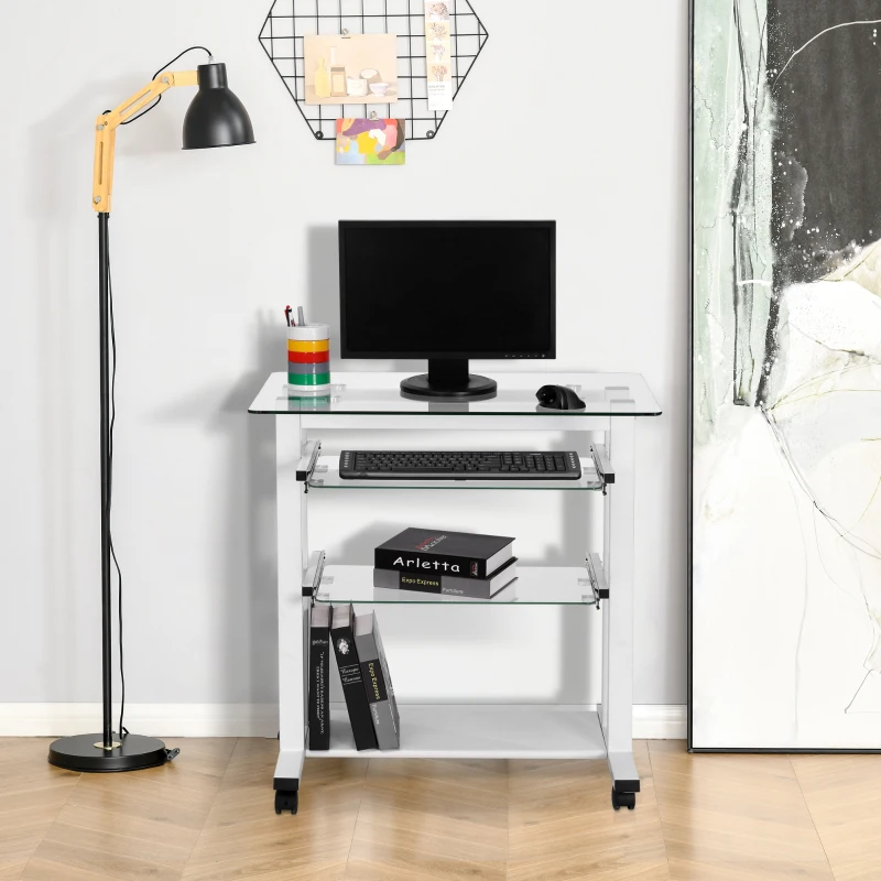 HOMCOM Workstation W/ Wheels-White, Transparent Glass
