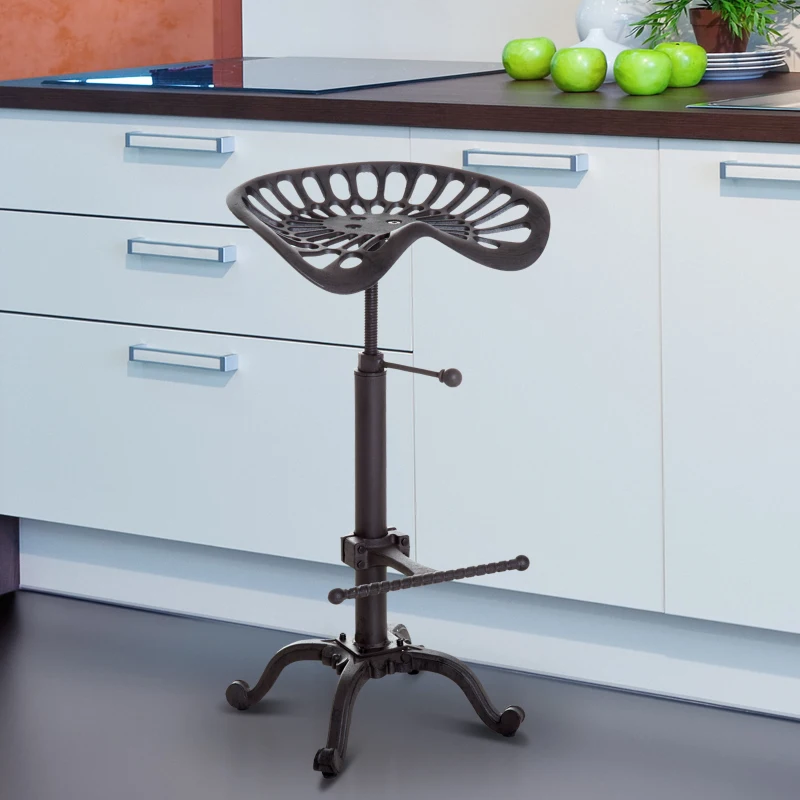 HOMCOM Cast Iron Adjustable Height Industrial Bar Stool with Footrest