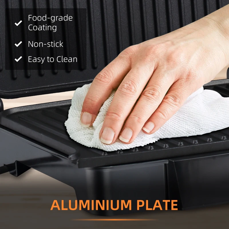 HOMCOM Health Grill & Panini Press, 4 Slice Toastie Machine, 2000W Electric Non-stick Grill with 180° Flat Open, Drip Tray and Adjustable Temperature, Sandwich Toaster Maker