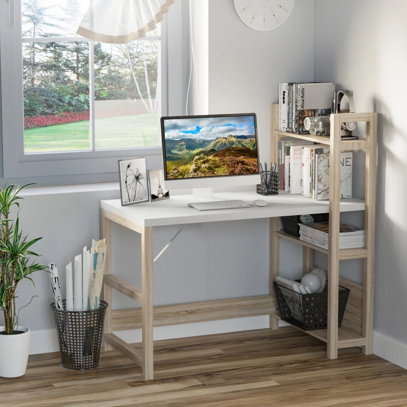 HOMCOM Particle Board 3-Tier Shelves Study Desk White/Oak