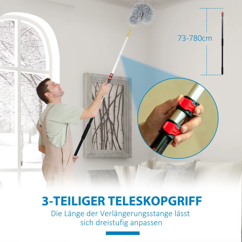 HOMCOM Staubwedel-Set, drei Aufsätze, ausfahrbare Teleskopstange, Polyester+Mikrofaser+Aluminium, 4 x 4 x 180 cm
