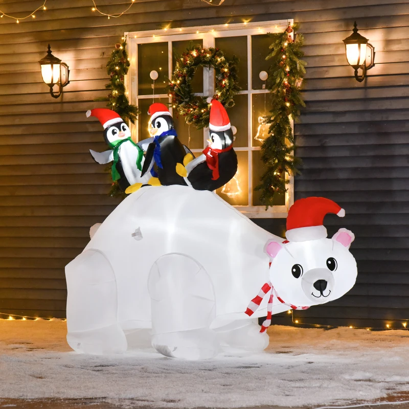 HOMCOM 5ft Outdoor Christmas Inflatable with LED Light, Lighted Blow up Polar Bear with Three Penguins, Giant Yard Party Decoration for Home Garden Lawn Party Prop