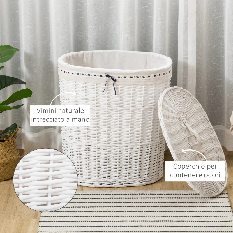 HOMCOM Cesto Portabiancheria in Vimini con Coperchio e Sacco Interno in Tessuto Lavabile, Bianco