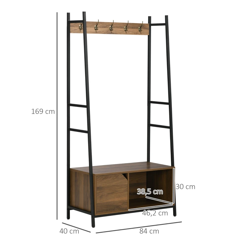 HOMCOM Móvel Cabide de Entrada com Sapateiro Banco 5 Ganchos Armário e Prateleira Aberta 84x40x169cm Marrom Rústico