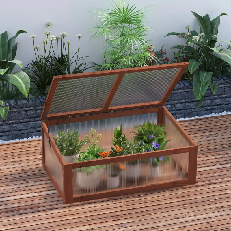 Outsunny Wooden Cold Frame with Openable & Tilted Top Cover, Outdoor Polycarbonate Greenhouse for Plant, 100 x 65 x 40cm, Brown