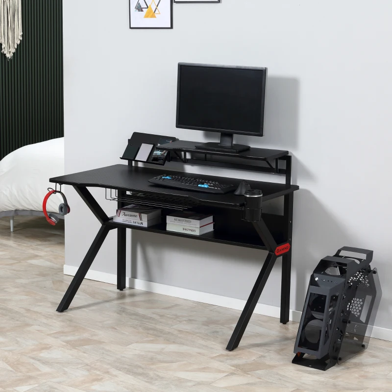 HOMCOM Black Gaming Desk, Metal Frame w/Cup Holder Headphone Hook & Cable Basket