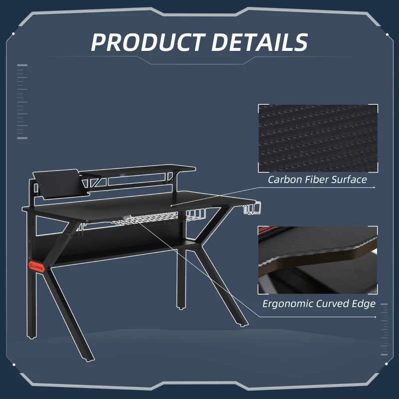 HOMCOM Black Gaming Desk, Metal Frame w/Cup Holder Headphone Hook & Cable Basket