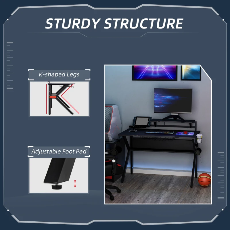 HOMCOM Black Gaming Desk, Metal Frame w/Cup Holder Headphone Hook & Cable Basket