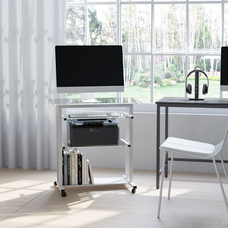 HOMCOM Workstation W/ Wheels-White, Transparent Glass