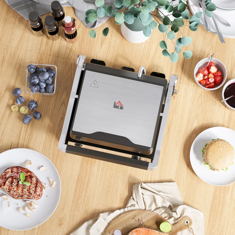 HOMCOM Health Grill & Panini Press, 4 Slice Toastie Machine, 2000W Electric Non-stick Grill with 180° Flat Open, Drip Tray and Adjustable Temperature, Sandwich Toaster Maker