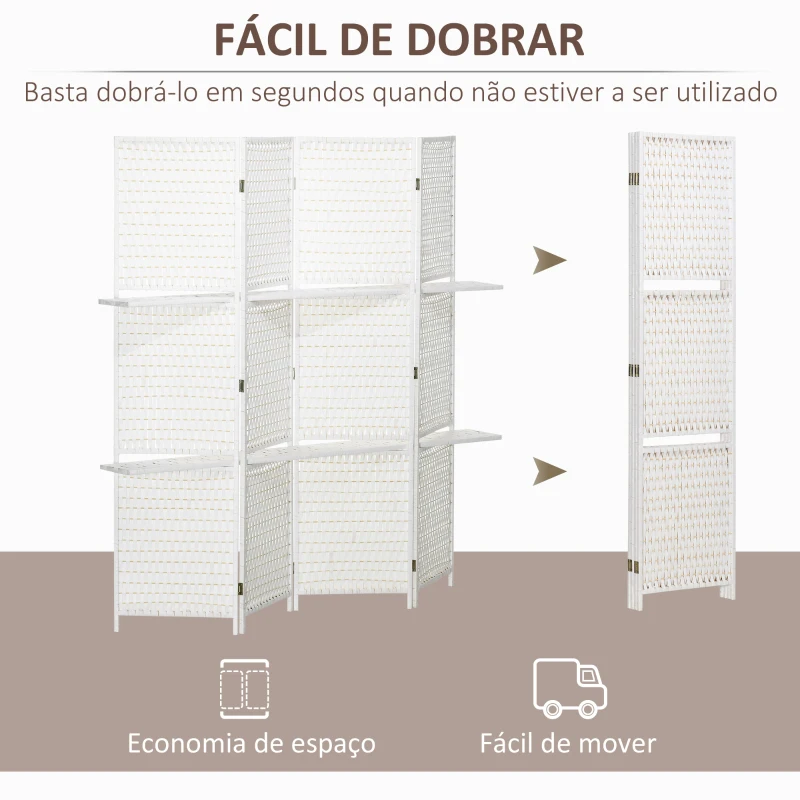 HOMCOM Biombo de 4 Painéis Dobrável Separador de Ambientes Divisor de Ambientes com Prateleiras 181x180cm Branco