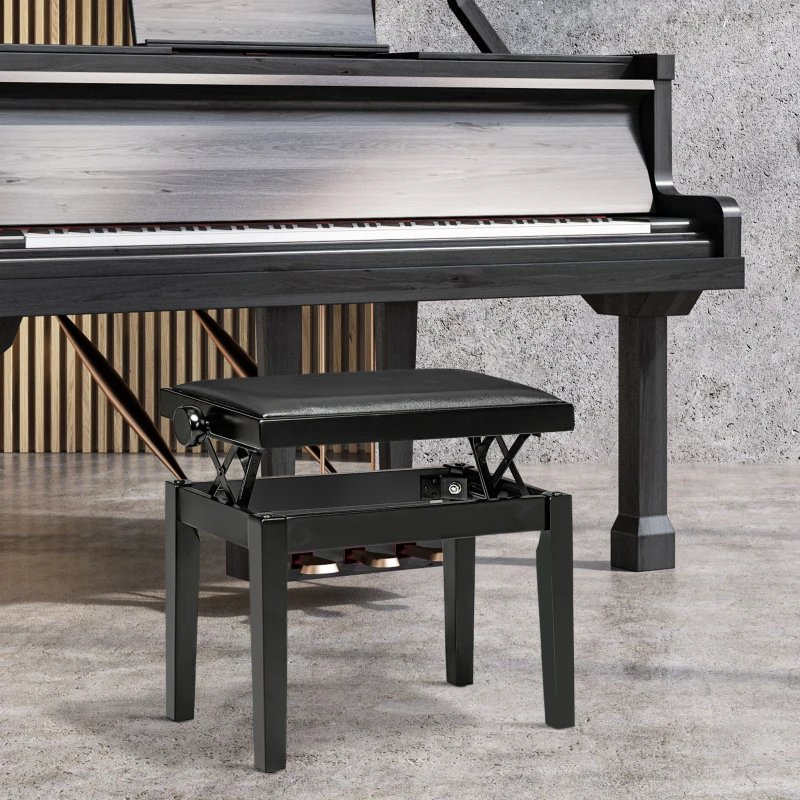 HOMCOM Ławka do Pianina, Stołek Fortepianowy, Regulowana Wysokość, Elegancja Wysoki Połysk, Skóra Ekologiczna+Drewno Kauczukowe, Czarny, 63 x 33 x 56 cm