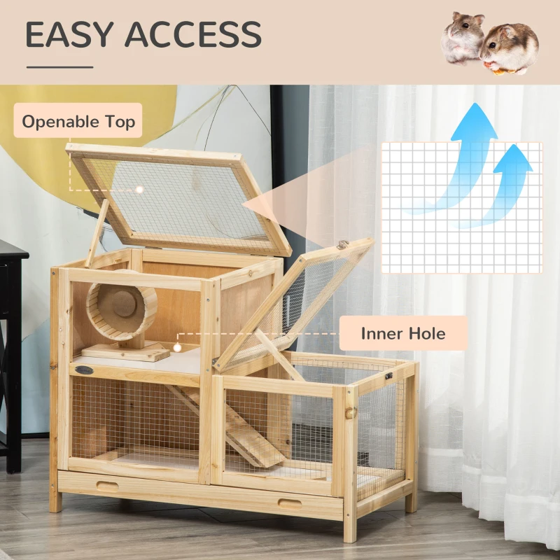 PawHut Wooden Hamster Cage, Mice Rodent Small Animals Kit Hutch, 2 Tiers Exercise Play House, with Sliding Tray, Ladder, Seesaw, Running Wheel, Openable Roofs, 78 x 41.5 x 60 cm, Natural