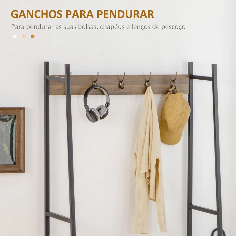 HOMCOM Móvel Cabide de Entrada com Sapateiro Banco 5 Ganchos Armário e Prateleira Aberta 84x40x169cm Marrom Rústico