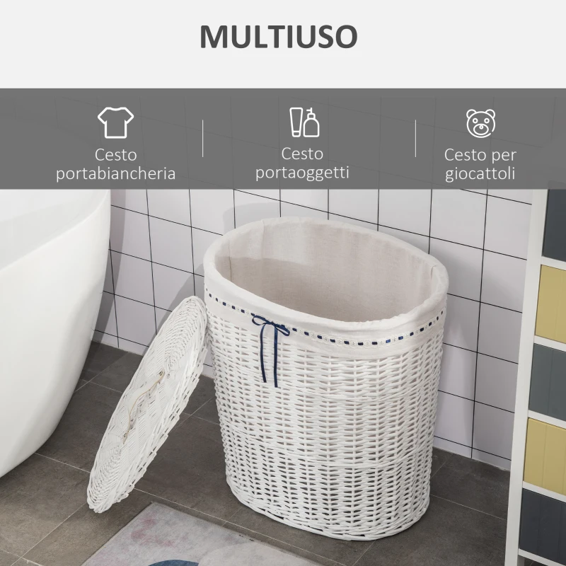 HOMCOM Cesto Portabiancheria in Vimini con Coperchio e Sacco Interno in Tessuto Lavabile, Bianco