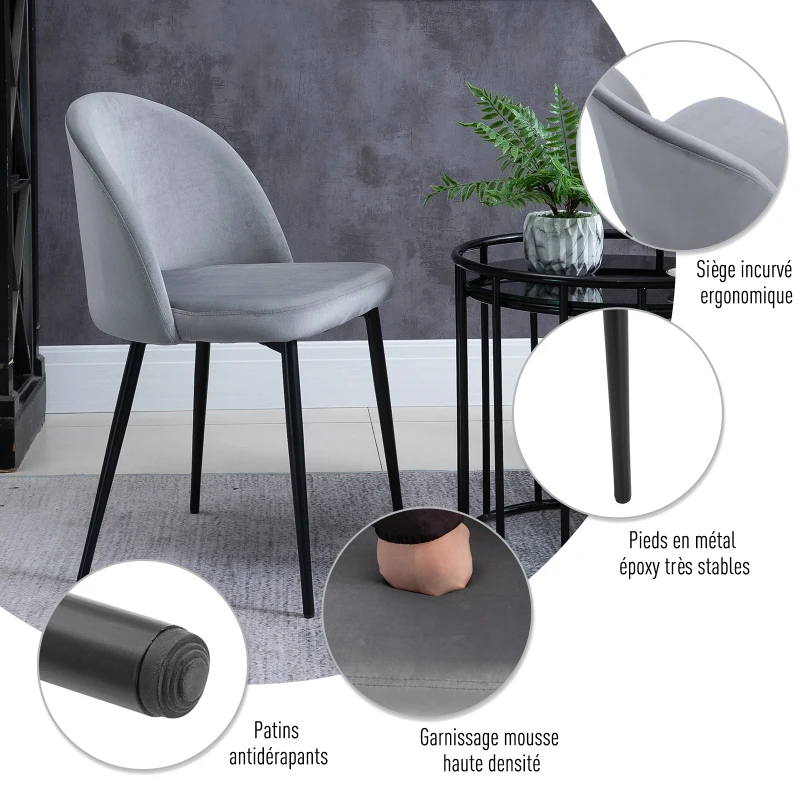HOMCOM Lot de 2 chaises salle à manger chaise de cuisine scandinave chaise en velours rembourrée avec pieds effilés en métal, pour salon, salle à manger, gris