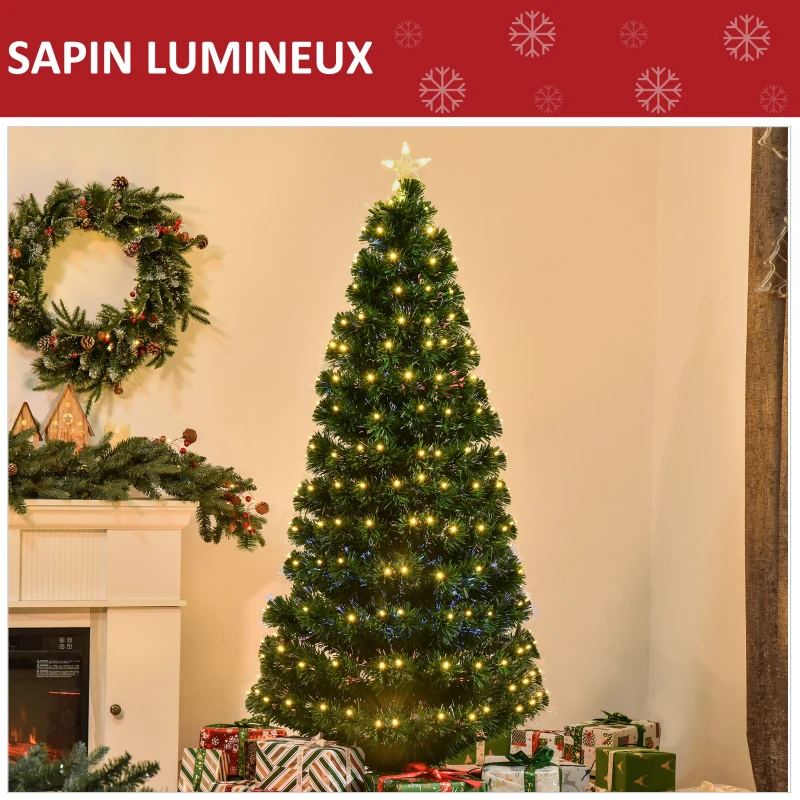 HOMCOM Sapin Arbre de noël Artificiel Lumineux 180cm avec Fibre Optique+230 LED 8 Modes Scintillants Vert Neuf 61