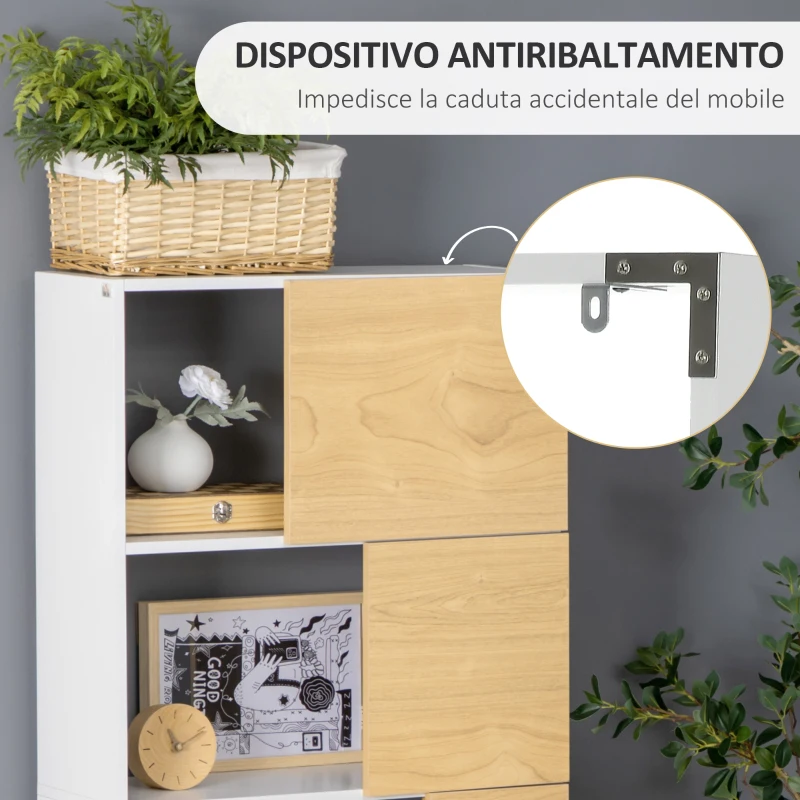 HOMCOM Libreria Moderna con Scaffali Asimmetrici e Ante Soft Close, 63x22x166cm, Bianco e Naturale
