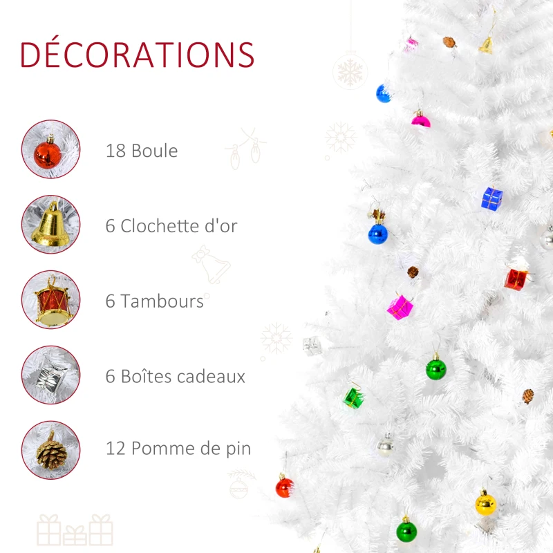 HOMCOM Sapin Arbre de Noël Artificiel Blanc 180 cm 930 Branches avec Nombreux Accessoires variés