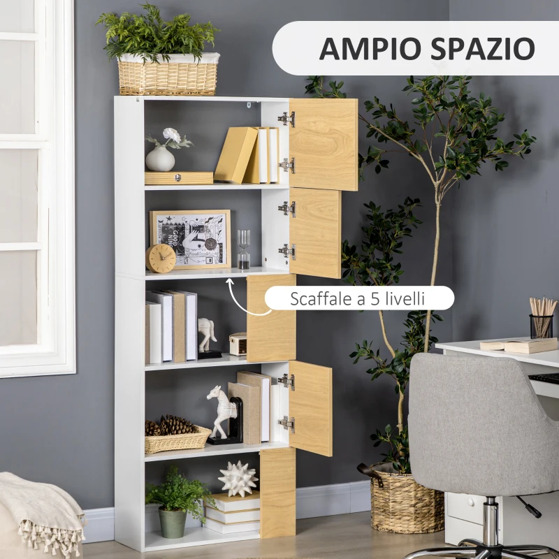 HOMCOM Libreria Moderna con Scaffali Asimmetrici e Ante Soft Close, 63x22x166cm, Bianco e Naturale