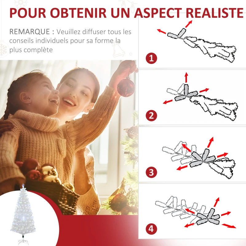 HOMCOM Sapin de Noël Artificiel Blanc Sapin Lumineux 180H cm Fibre Optique + 220 LED Couleurs RVB 7 Modes Support Pied Inclus 220 Branches étoile Sommet Brillante